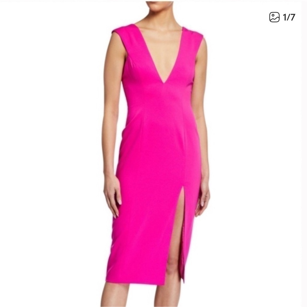 NWT Jay Godfrey “Loyd” Hot Pink Plunging Midi Dress | High Slit Cocktail Dress